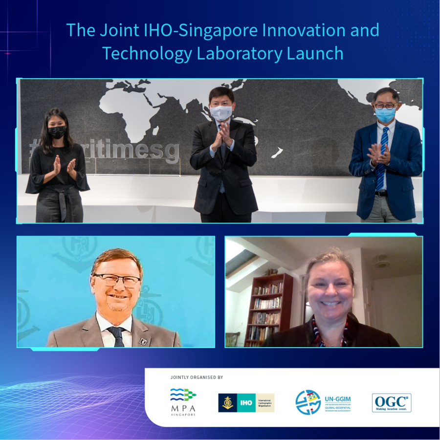 Launch of the Joint IHO-Singapore Innovation and Technology Laboratory: Ms Quah Ley Hoon, Chief Executive of MPA (top left); Mr Chee Hong Tat, Senior Minister of State, Ministry of Transport (top centre); Mr Niam Chiang Meng, Chairman of MPA (top right); Dr Mathias Jonas, IHO Secretary General (bottom left); and Dr Geneviève Béchard, IHO Council Chair (bottom right)